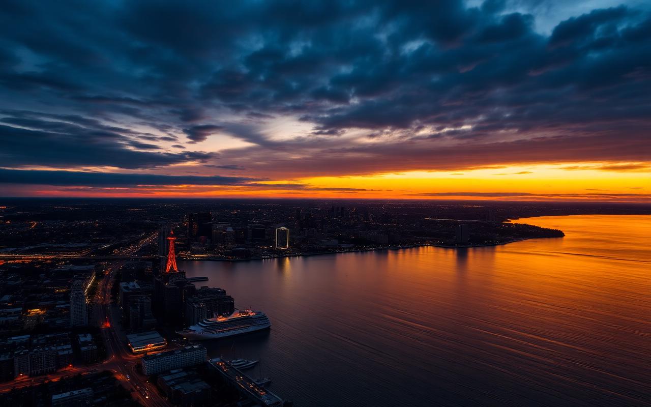 Buffalo, NY waterfront at dusk